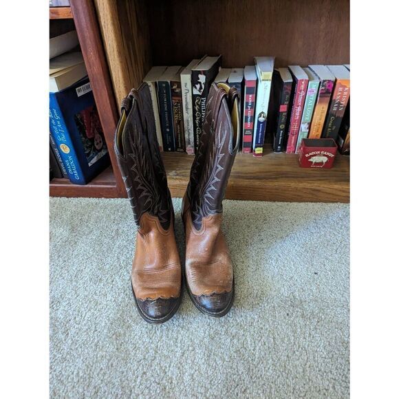 Men’s 8.5D Brown Leather Western Cowboy Boots Pointed Toe Mid Calf Shaft - Picture 4 of 8